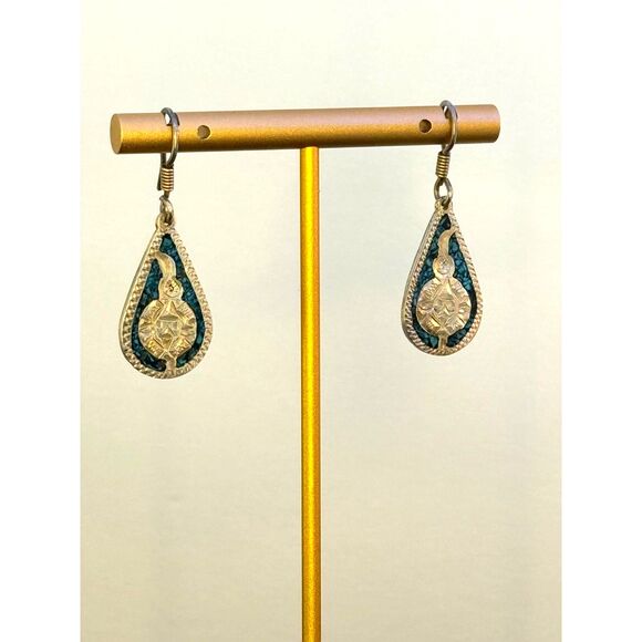 Vintage Mexican Sterling Silver Turquoise Teardrop Earrings - Picture 3 of 5